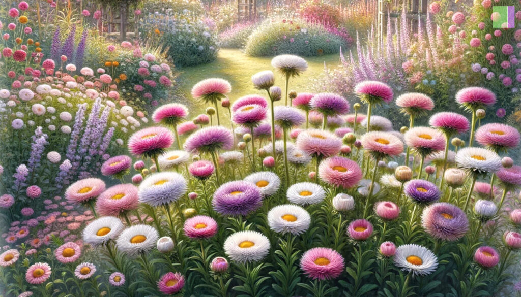 Erigeron, also known as fleabanes, in a captivating garden setting. It highlights the plant's daisy-like flowers in shades of pink, purple, and white, set in a garden that enjoys full sun to partial shade. The image emphasizes the hardiness and drought tolerance of Erigeron, as well as its ability to attract pollinators like bees and butterflies. The garden appears vibrant and inviting, reflecting the natural beauty and resilience of the Erigeron plants, adding to the garden's diversity and appeal. This visual should effectively complement the section of your article discussing the Erigeron genus.