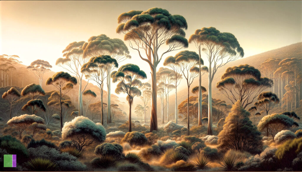 visually representing the eucalyptus trees in their native Australian setting. This scene captures the diversity and natural beauty of these trees, highlighting their tall, slender trunks and distinctive leaf canopies. The warm hues of an Australian sunset enrich the image, focusing on the unique characteristics of the eucalyptus trees. This image should complement the section of your article discussing eucalyptus trees.