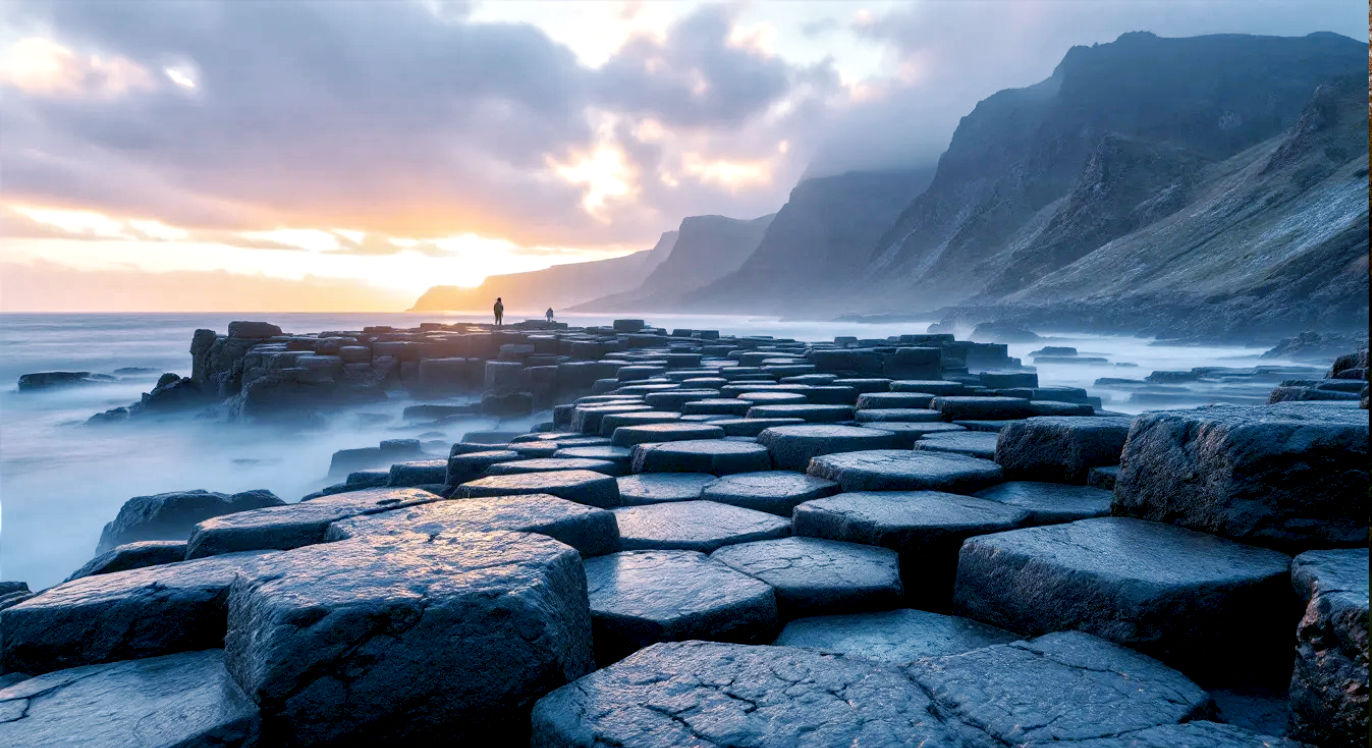 A hyper-realistic, professional photograph in the style of a National Geographic feature. The image captures the Giant's Causeway at sunrise, with the hexagonal basalt columns leading from the foreground into a misty Atlantic Ocean. The first light of dawn casts a warm, golden glow on the wet, dark grey stones, highlighting their geometric patterns. In the background, the dramatic cliffs of the Antrim coast are partially shrouded in a soft sea mist. The composition is wide and epic, emphasising the scale and raw, natural beauty of the landscape. The mood is one of awe, magic, and ancient wonder.