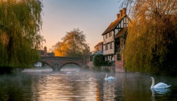 A professional, high-resolution photograph of the River Avon in Stratford-upon-Avon at dawn. The Royal Shakespeare Theatre is visible on the riverbank, with its modern tower contrasting with the Tudor-style buildings nearby. A couple of swans glide on the misty water, and the soft morning light gives everything a golden, magical glow. The style should be that of a National Geographic travel photo, capturing both heritage and natural beauty with exceptional clarity and composition.
