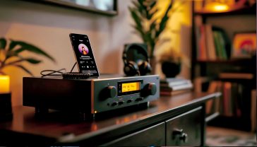 A hyper-realistic photograph capturing the soul of British Hi-Fi's past and present. In a cosy, tastefully decorated British living room with soft, warm lighting, a classic 1970s Naim or Quad integrated amplifier sits on a dark wood sideboard. Resting on top of the amplifier is a modern smartphone displaying the user interface of a high-resolution music streaming app. A pair of high-quality, modern headphones with a coiled cable is plugged into the amplifier's headphone socket, resting beside the phone. The background is slightly out of focus but shows a shelf with vinyl records. The mood is nostalgic yet contemporary, intimate, and warm, evoking a deep love for music. Style it like a feature in Country Life or The World of Interiors.