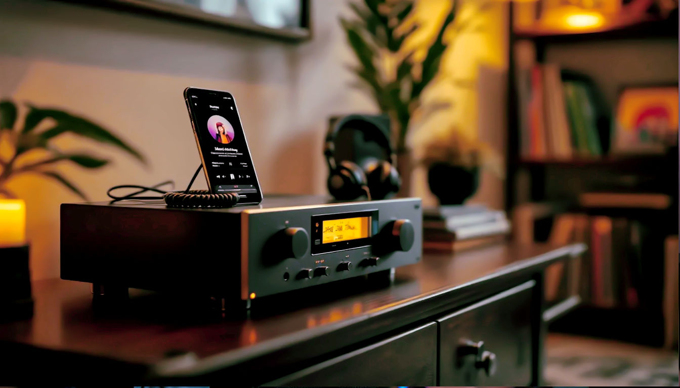 A hyper-realistic photograph capturing the soul of British Hi-Fi's past and present. In a cosy, tastefully decorated British living room with soft, warm lighting, a classic 1970s Naim or Quad integrated amplifier sits on a dark wood sideboard. Resting on top of the amplifier is a modern smartphone displaying the user interface of a high-resolution music streaming app. A pair of high-quality, modern headphones with a coiled cable is plugged into the amplifier's headphone socket, resting beside the phone. The background is slightly out of focus but shows a shelf with vinyl records. The mood is nostalgic yet contemporary, intimate, and warm, evoking a deep love for music. Style it like a feature in Country Life or The World of Interiors.