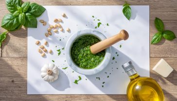A hyper-realistic photograph in the style of a BBC Good Food magazine feature. The scene is a rustic wooden kitchen table, bathed in soft, natural afternoon light coming from a nearby window. In the centre is a beautiful white marble mortar containing a vibrant, bright green, freshly made pesto. The wooden pestle rests beside it, lightly coated in the sauce. Scattered artistically around the mortar are the core ingredients: a bunch of fresh, dewy basil leaves, a small bowl of toasted pine nuts, a head of garlic, a wedge of Parmigiano-Reggiano, and a bottle of golden extra virgin olive oil. The composition is a top-down flat lay, evoking a sense of achievable, artisan home cooking with a clean, fresh, and quintessentially British feel.