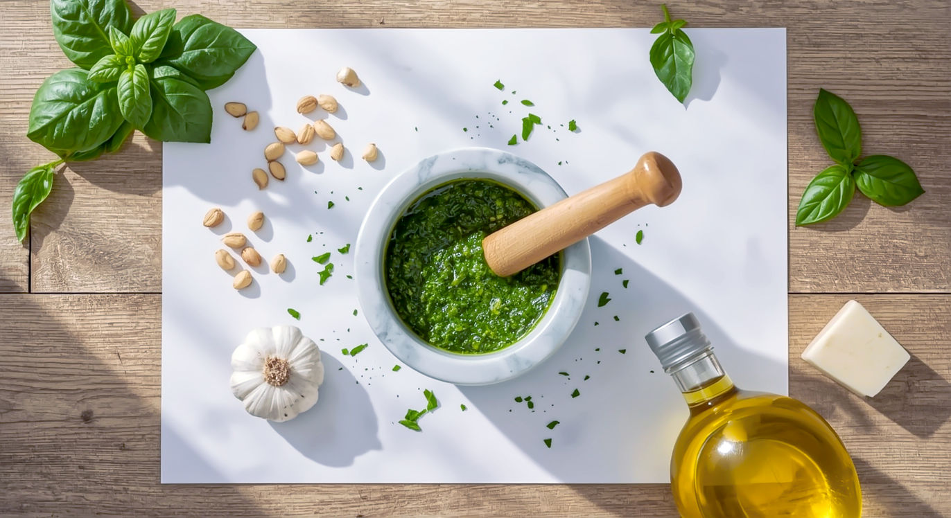 A hyper-realistic photograph in the style of a BBC Good Food magazine feature. The scene is a rustic wooden kitchen table, bathed in soft, natural afternoon light coming from a nearby window. In the centre is a beautiful white marble mortar containing a vibrant, bright green, freshly made pesto. The wooden pestle rests beside it, lightly coated in the sauce. Scattered artistically around the mortar are the core ingredients: a bunch of fresh, dewy basil leaves, a small bowl of toasted pine nuts, a head of garlic, a wedge of Parmigiano-Reggiano, and a bottle of golden extra virgin olive oil. The composition is a top-down flat lay, evoking a sense of achievable, artisan home cooking with a clean, fresh, and quintessentially British feel.