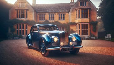 A hyper-realistic, professional photograph in the style of a prestigious automotive magazine. A brand new Rolls-Royce Phantom in a deep, lustrous midnight blue is parked on a gravel driveway in front of a classic British stately home in the Cotswolds. The car is angled perfectly to catch the soft, warm light of a late afternoon sun, making the chrome of the Pantheon grille and the Spirit of Ecstasy gleam. The house's warm, honey-coloured stone is visible in the background, slightly out of focus. The mood is one of timeless elegance, understated power, and quintessential British heritage. The composition is clean, sophisticated, and aspirational.