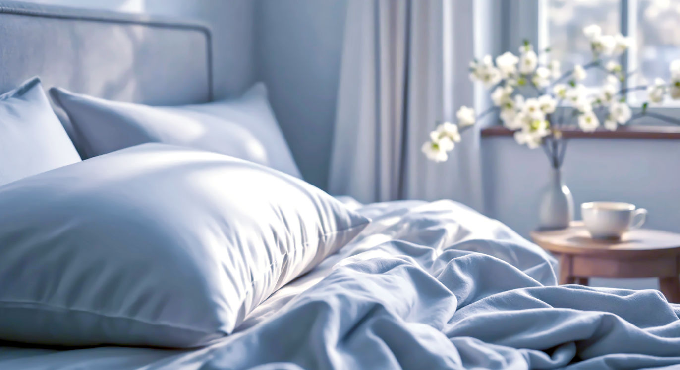 A hyper-realistic, professional photograph in the style of a feature for The White Company. The scene is a beautifully made bed in a serene, minimalist British bedroom with soft, morning light streaming through a sash window. The focus is on a plush pillow with a luxurious, 22-momme Mulberry silk pillowcase in a soft, oyster grey. The texture of the silk is clearly visible, with a gentle sheen. In the background, a cup of tea sits on a simple wooden bedside table. The overall mood is calm, comfortable, and aspirational, evoking a sense of everyday luxury and well-being.