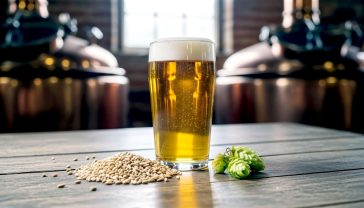 A hyper-realistic, professional photograph in the style of a modern rustic food magazine. On a weathered oak table inside a traditional British brewery, a gleaming pint of golden ale with a perfect creamy head sits next to a small pile of pale malted barley grains and a single, fresh green hop cone. Soft, natural light from a nearby window illuminates the scene, creating a warm, inviting mood. The background is softly blurred, showing traditional copper brewing vessels. The focus is razor-sharp on the ale, barley, and hop, beautifully capturing the entire journey from field to glass in a single shot.