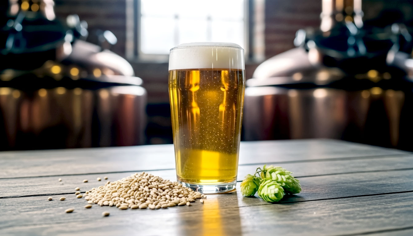 A hyper-realistic, professional photograph in the style of a modern rustic food magazine. On a weathered oak table inside a traditional British brewery, a gleaming pint of golden ale with a perfect creamy head sits next to a small pile of pale malted barley grains and a single, fresh green hop cone. Soft, natural light from a nearby window illuminates the scene, creating a warm, inviting mood. The background is softly blurred, showing traditional copper brewing vessels. The focus is razor-sharp on the ale, barley, and hop, beautifully capturing the entire journey from field to glass in a single shot.