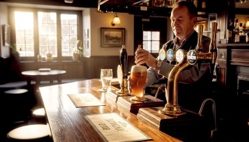 A hyper-realistic photograph in the style of a classic documentary feature. The scene is the warm, inviting interior of a traditional British pub on a late afternoon. Golden sunlight streams through a leaded window, illuminating dust motes in the air and casting a soft glow on the dark, polished wooden bar. Behind the bar, a friendly, middle-aged landlord with a welcoming smile is pulling a pint of real ale from a brass hand-pull. The composition is a medium shot, capturing the detail of the bar with its beer mats, glasses, and the rich, creamy head of the ale. The background is slightly out of focus but shows cosy details: dark wood panelling, a fireplace with a low fire burning, and glimpses of old pictures on the wall. The mood is nostalgic, comforting, and deeply authentic, evoking a sense of community and timeless British heritage.