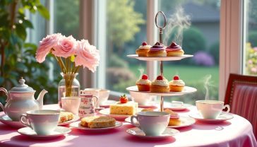 A hyper-realistic photograph in the style of a high-end food magazine. The scene is a beautifully set table for a classic British Afternoon Tea in a sunlit conservatory overlooking a lush English garden. A three-tiered silver stand is the centrepiece, laden with delicate crustless finger sandwiches, warm scones with glistening jam and clotted cream, and a colourful array of miniature cakes. A vintage bone china teapot, steaming gently, sits beside a matching cup and saucer. The lighting is soft and natural, creating a warm, inviting, and elegant mood that evokes heritage and indulgence.