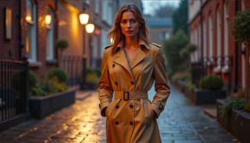 A hyper-realistic, professional photograph in the style of a high-end fashion magazine editorial. The scene is set on a classic, cobbled London mews street on a damp, atmospheric day. A tall, elegant woman with a confident yet understated expression is walking towards the camera. She is wearing a classic honey-coloured Burberry trench coat, belted at the waist, with the collar popped. The lighting is soft and diffused, as if just after a rain shower, with reflections glistening on the wet cobblestones. The mood is sophisticated, timeless, and quintessentially British, capturing the enduring elegance of the iconic coat. The background is slightly blurred, keeping the focus entirely on the woman and the texture of the gabardine coat.