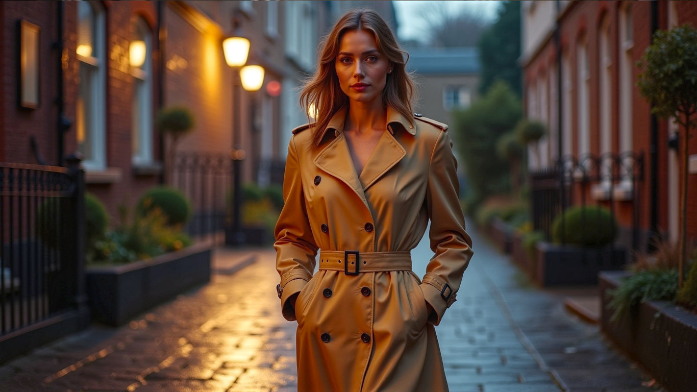A hyper-realistic, professional photograph in the style of a high-end fashion magazine editorial. The scene is set on a classic, cobbled London mews street on a damp, atmospheric day. A tall, elegant woman with a confident yet understated expression is walking towards the camera. She is wearing a classic honey-coloured Burberry trench coat, belted at the waist, with the collar popped. The lighting is soft and diffused, as if just after a rain shower, with reflections glistening on the wet cobblestones. The mood is sophisticated, timeless, and quintessentially British, capturing the enduring elegance of the iconic coat. The background is slightly blurred, keeping the focus entirely on the woman and the texture of the gabardine coat.