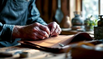 A hyper-realistic, professional photograph in the style of a Kinfolk or Hole & Corner magazine feature. The scene is a well-lit, rustic British workshop. An artisan's hands, aged but skilled, are in the middle of saddle-stitching a thick, oak-bark tanned leather briefcase. The focus is sharp on the needle, waxed linen thread, and the perfect, angled stitches. In the soft-focus background, we can see traditional tools like a round knife and pricking irons hanging neatly on a wooden wall. The lighting is natural and warm, coming from a nearby window, evoking a sense of calm, timeless craftsmanship, and heritage. The overall mood is authentic, peaceful, and respectful of the craft.