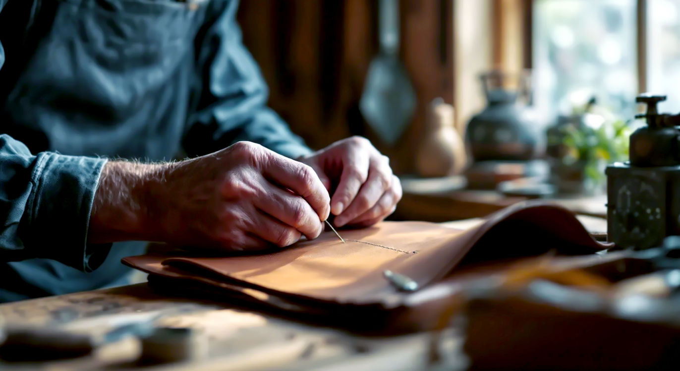 A hyper-realistic, professional photograph in the style of a Kinfolk or Hole & Corner magazine feature. The scene is a well-lit, rustic British workshop. An artisan's hands, aged but skilled, are in the middle of saddle-stitching a thick, oak-bark tanned leather briefcase. The focus is sharp on the needle, waxed linen thread, and the perfect, angled stitches. In the soft-focus background, we can see traditional tools like a round knife and pricking irons hanging neatly on a wooden wall. The lighting is natural and warm, coming from a nearby window, evoking a sense of calm, timeless craftsmanship, and heritage. The overall mood is authentic, peaceful, and respectful of the craft.