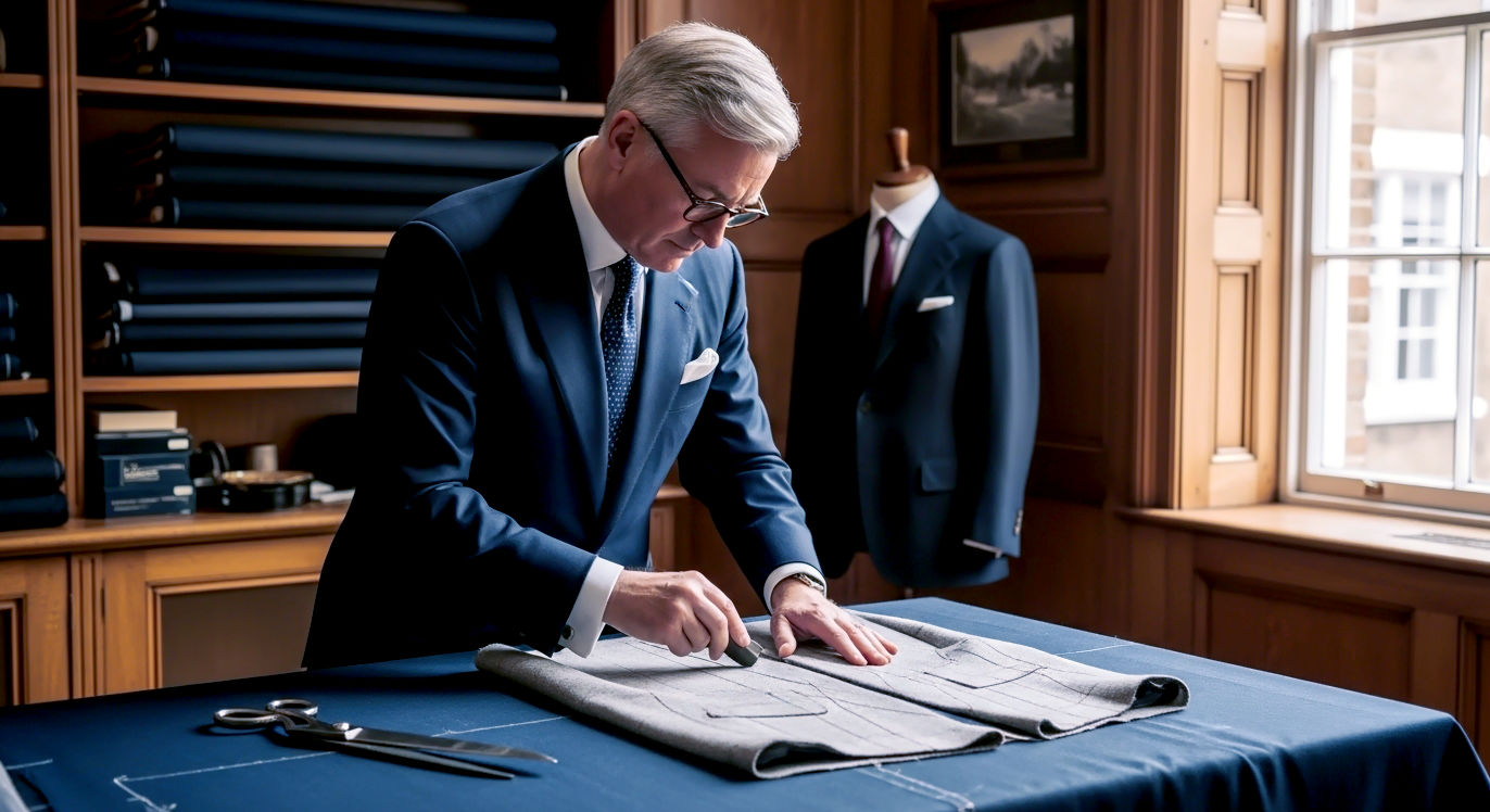 A hyper-realistic, professional photograph in the style of a Financial Times "How to Spend It" feature. The image captures a master tailor, a distinguished man in his late 50s with silver hair and glasses, chalking the pattern of a suit jacket onto a bolt of fine British tweed. The setting is a classic Savile Row cutting room with warm wooden panelling, bolts of fabric on shelves, and large tailor's shears on the table. The lighting is soft and atmospheric, coming from a large window, highlighting the texture of the cloth and the focused expression of the craftsman. The mood is one of quiet, timeless expertise and heritage.