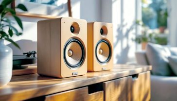 A hyper-realistic photograph in the style of a modern design magazine. The shot captures a beautifully crafted, minimalist pair of bookshelf speakers sitting on a solid oak sideboard in a bright, airy British living room. The speakers are made from light-coloured, FSC-certified birchwood and have visible, high-quality speaker cones made from natural paper fibre. Next to them sits a classic, refurbished Rega turntable. Soft, natural light streams in from a nearby window, highlighting the texture of the wood and the clean lines of the design. The mood is calm, sophisticated, and aspirational, evoking a sense of quality, longevity, and harmony with nature.