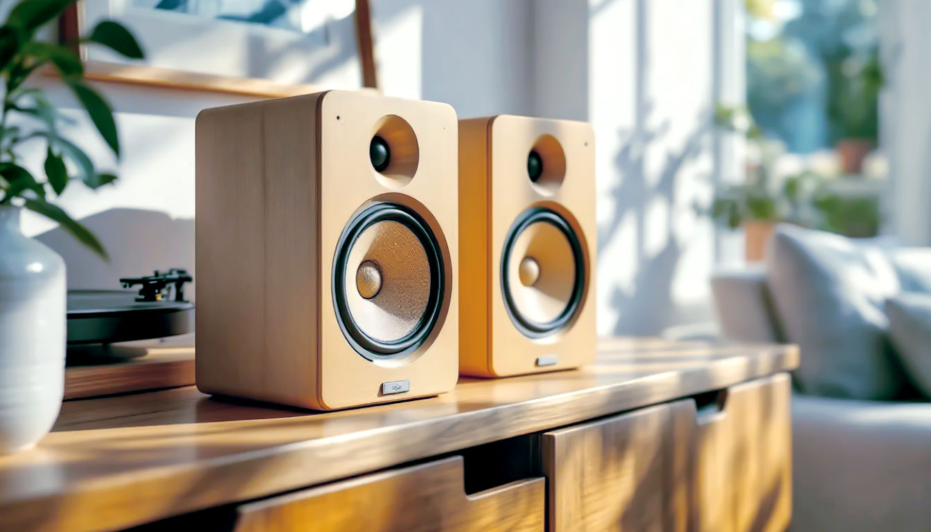 A hyper-realistic photograph in the style of a modern design magazine. The shot captures a beautifully crafted, minimalist pair of bookshelf speakers sitting on a solid oak sideboard in a bright, airy British living room. The speakers are made from light-coloured, FSC-certified birchwood and have visible, high-quality speaker cones made from natural paper fibre. Next to them sits a classic, refurbished Rega turntable. Soft, natural light streams in from a nearby window, highlighting the texture of the wood and the clean lines of the design. The mood is calm, sophisticated, and aspirational, evoking a sense of quality, longevity, and harmony with nature.