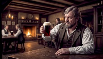 A hyper-realistic photograph in the style of a historical documentary still. The scene is a dimly lit, atmospheric 18th-century London tavern. A burly, working-class porter in period attire sits at a heavy oak table, raising a pewter tankard filled with dark, frothy porter. The background is softly blurred, showing the pub's wooden beams, glowing fireplace, and other patrons. The lighting is warm and dramatic, like candlelight, evoking a sense of history, grit, and British heritage. The mood is authentic and nostalgic.