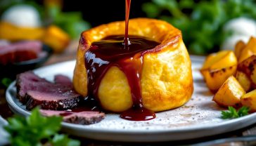 A hyper-realistic, professional food photograph capturing the moment rich, dark gravy is being poured into a perfectly risen, golden-brown, giant Yorkshire pudding. The pudding sits on a rustic wooden table next to slices of roast beef and roast potatoes. The style is warm and inviting, with soft, natural light, evoking the comfort of a traditional British Sunday lunch. The focus is sharp on the pudding and gravy, with a shallow depth of field.