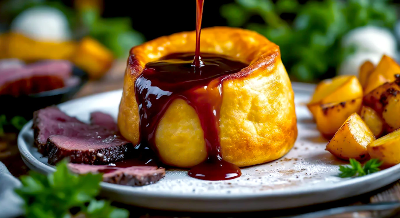 A hyper-realistic, professional food photograph capturing the moment rich, dark gravy is being poured into a perfectly risen, golden-brown, giant Yorkshire pudding. The pudding sits on a rustic wooden table next to slices of roast beef and roast potatoes. The style is warm and inviting, with soft, natural light, evoking the comfort of a traditional British Sunday lunch. The focus is sharp on the pudding and gravy, with a shallow depth of field.