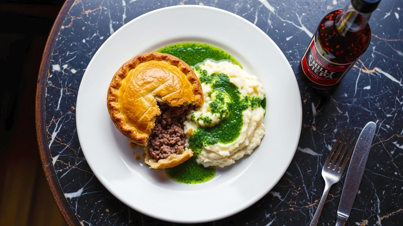 A hyper-realistic, professional food photograph capturing the essence of a traditional London pie and mash meal. The shot is a top-down perspective of a classic white ceramic plate centred on a dark, worn marble tabletop. On the plate sits a golden-brown, flaky pastry pie, slightly broken open to reveal a rich minced beef filling. Next to it is a perfectly smooth scoop of white mashed potato, and generously ladled over everything is a vibrant, bright green parsley liquor. A bottle of chilli-infused malt vinegar sits just in the frame. The lighting is soft and natural, reminiscent of daylight coming through a traditional shop window, creating gentle shadows that highlight the textures of the food. The mood is warm, comforting, and deeply nostalgic, evoking a sense of authentic British culinary heritage.