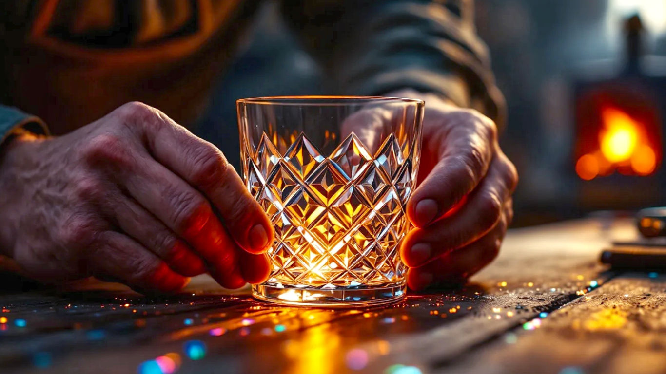 The shot captures a master craftsman's hands, aged but steady, meticulously engraving a deep diamond pattern onto a heavy crystal whisky tumbler. The workshop is atmospheric and traditional, with tools visible in the soft-focus background and the warm, dramatic lighting catching the glowing embers from a distant furnace. The focus is sharp on the crystal, which brilliantly refracts the light, creating rainbow-like caustics on the wooden workbench. The mood is one of intense focus, heritage, and timeless British luxury.