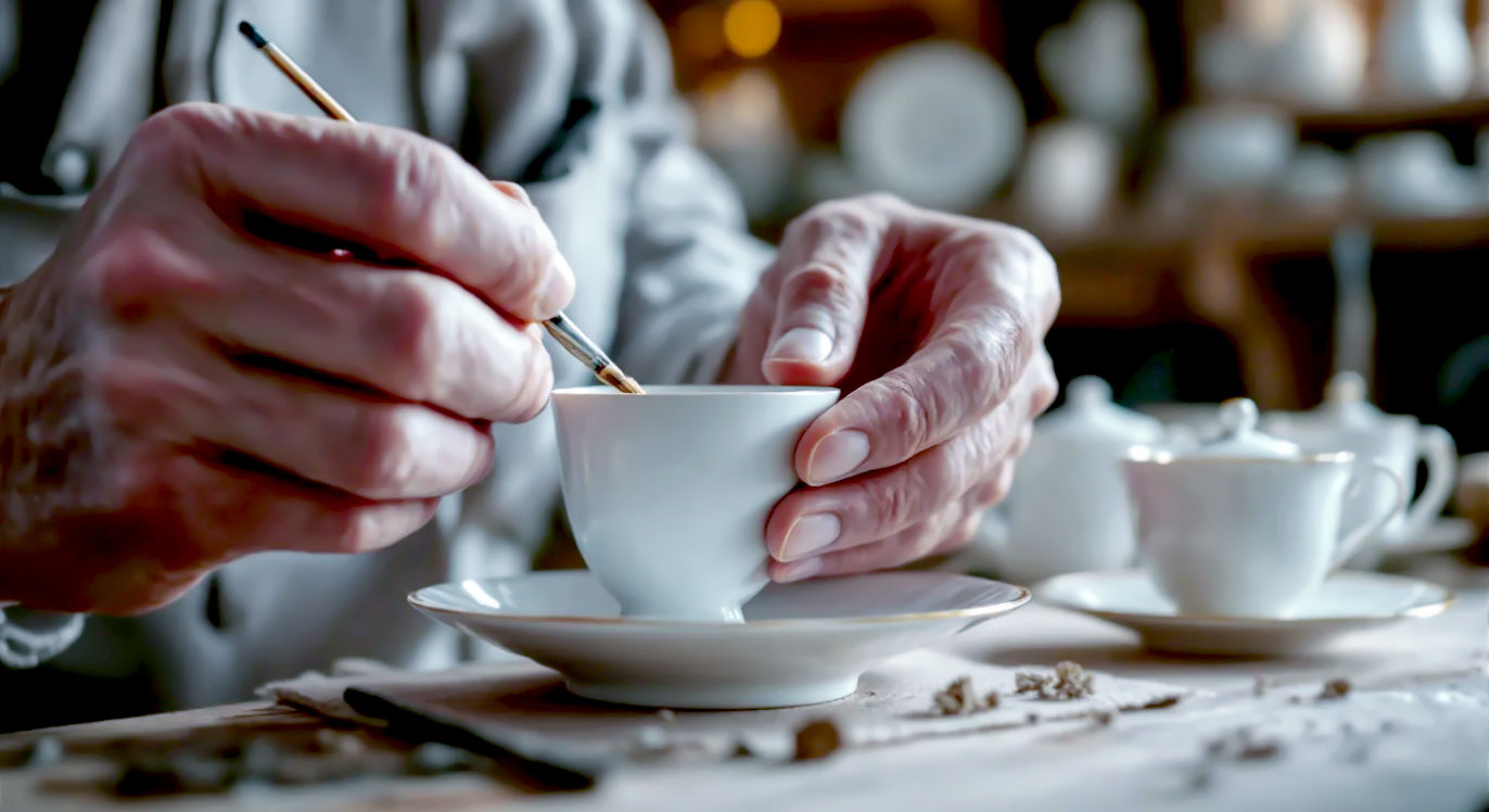 Hyper-realistic professional photograph, capturing the essence of British porcelain craftsmanship. An artisan's weathered hands are delicately hand-painting a fine bone china teacup with a tiny brush. The background is a warm, atmospheric potter's studio in Stoke-on-Trent, with shelves of white porcelain and soft, natural window light. The mood is one of quiet concentration, heritage, and timeless skill. Style of a high-end magazine feature.
