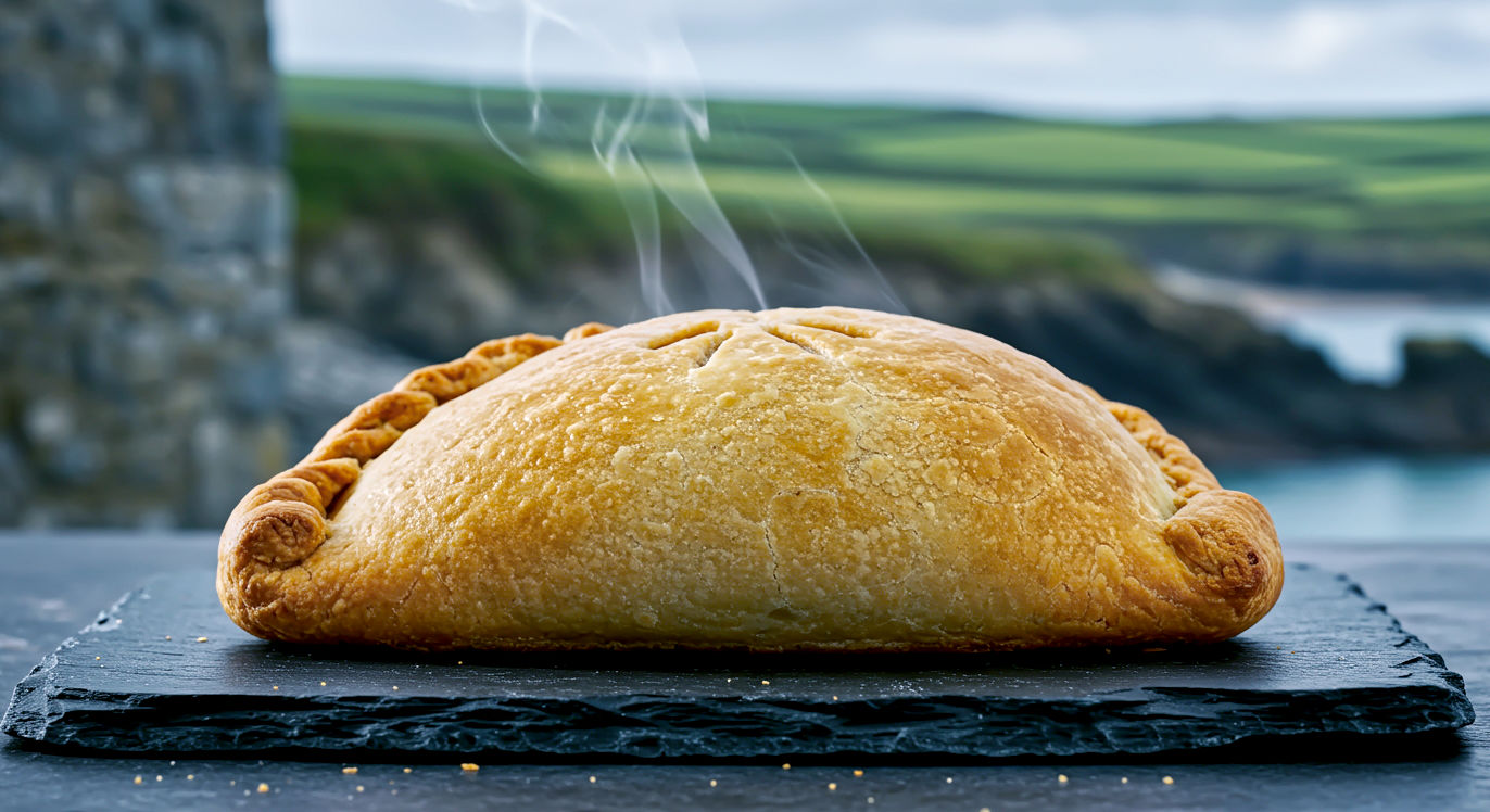 A hyper-realistic, professional food photograph in the style of a BBC Good Food magazine feature. The image shows a perfectly baked, golden-brown Cornish pasty resting on a piece of rustic slate. The pasty is D-shaped with a thick, beautifully crimped edge on the side. A small wisp of steam is gently rising from a small slit in the crust. In the soft-focus background, hint at a rugged Cornish coastal scene with grey stone walls and a touch of green landscape under a slightly overcast sky. The lighting should be soft and natural, coming from the side to highlight the texture of the pastry. The mood is warm, authentic, and evocative of British heritage.