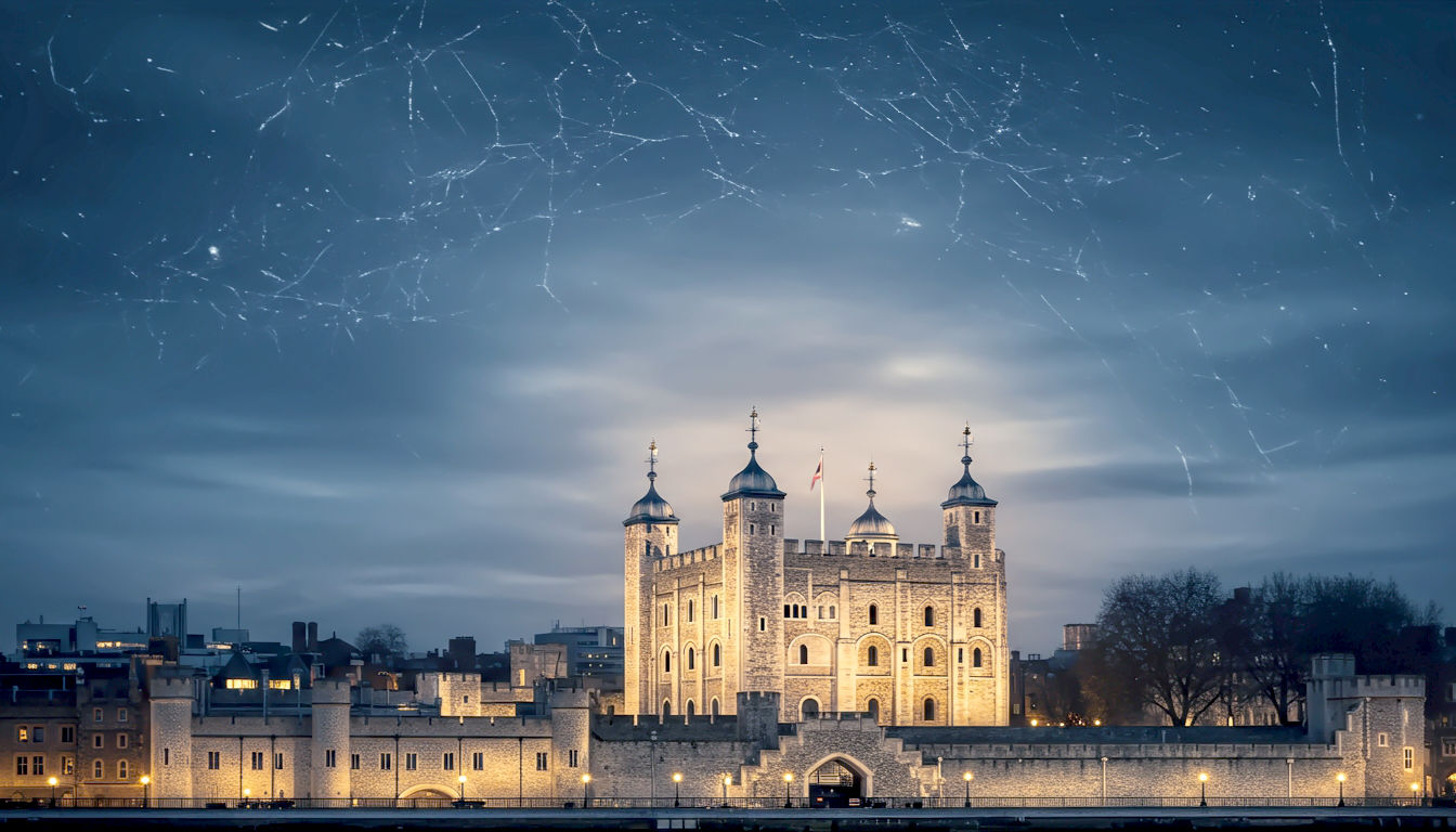 A hyper-realistic, professional photograph in the style of a National Geographic feature. The shot captures the iconic White Tower of London at dusk, viewed from across the River Thames. The ancient stone walls are bathed in warm, dramatic lighting against a softly blurred background, creating a powerful contrast between old and new. The mood is one of timelessness, grandeur, and deep historical significance, with a classic, grey-blue British sky overhead.