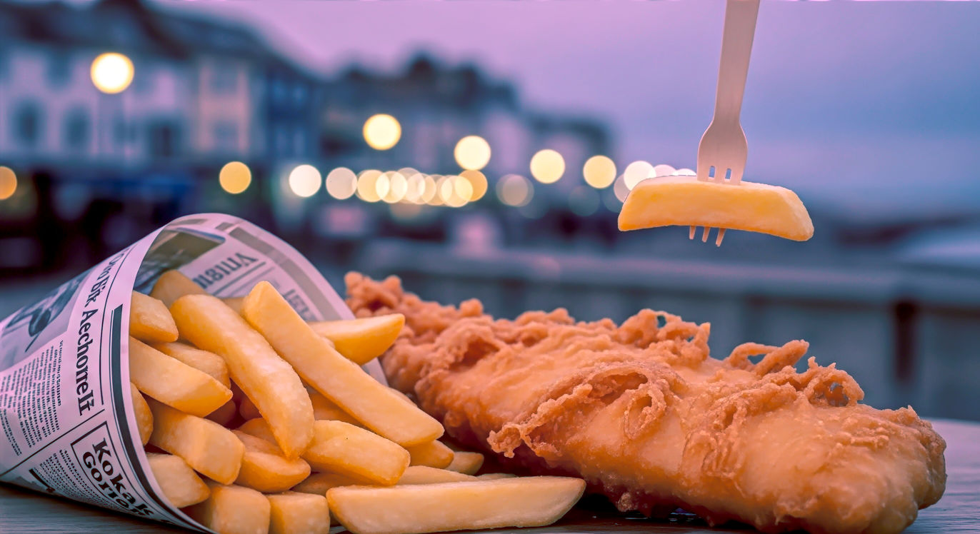 A hyper-realistic, professional photograph capturing the quintessential British fish and chips experience. Subject: A generous portion of golden, crispy battered cod sits alongside a pile of thick-cut, fluffy chips, served in an open newspaper-print cone. A wooden chip fork is stuck into a chip. In the soft-focus background, the warm, inviting lights of a traditional British seaside town at dusk are visible. Style: Warm, nostalgic, slightly rustic, with shallow depth of field. Lighting: Soft, golden-hour light that highlights the texture of the batter and chips. Mood: Comforting, traditional, and quintessentially British.