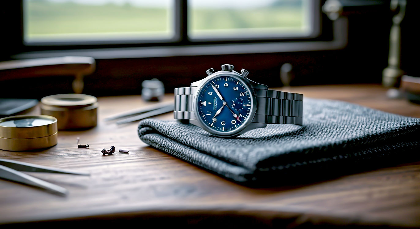 A hyper-realistic, professional photograph in the style of a Hodinkee magazine feature. The image captures a watchmaker's wooden workbench in a naturally lit, airy British workshop. In the centre, a classic British-made stainless steel pilot's watch with a dark blue dial rests on a piece of soft, grey tweed fabric. Around the watch are scattered traditional watchmaking tools: a brass loupe, fine tweezers, and a small screwdriver. The background is softly blurred, showing a window with a view of gentle, green English rolling hills. The lighting is soft and natural, creating a mood of quiet focus, craftsmanship, and timeless British quality. The colour palette is dominated by natural wood, steel grey, and deep blue, evoking a sense of heritage and precision.