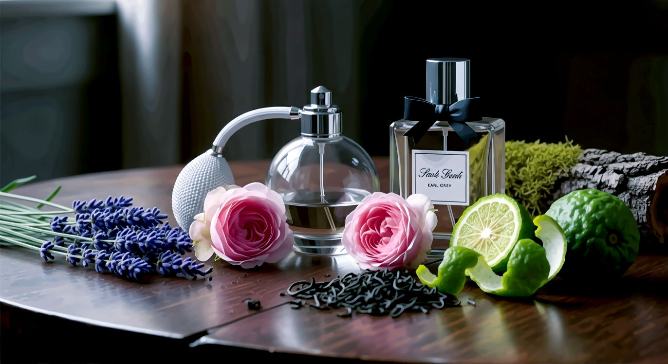 A hyper-realistic, professional photograph in the style of a feature for House & Garden magazine. The scene is a beautifully arranged flat-lay on a dark, antique wooden table. In the centre is an elegant, vintage-style glass perfume bottle with a silver atomiser, next to a classic Penhaligon's bottle with its signature bow. Surrounding them are key British ingredients: a sprig of fresh English lavender, a few delicate, dewy pink rose heads, a curl of bergamot peel next to loose Earl Grey tea leaves, and a piece of mossy bark. The lighting is soft and directional, coming from a nearby window, creating a moody, sophisticated atmosphere. The colour palette is rich and refined, evoking a sense of timeless British luxury and heritage.