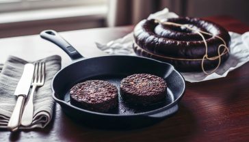 A hyper-realistic, professional food photograph in the style of a rustic cookbook. The scene is a dark, wooden kitchen table, bathed in soft, natural morning light from a nearby window. In the centre is a cast-iron frying pan, in which two thick, perfectly circular slices of Bury black pudding are sizzling, their edges beautifully crisp and caramelized. Next to the pan, a complete coil of fresh black pudding rests on a piece of greaseproof paper, tied with traditional butcher’s string. A vintage fork and knife lie on a crumpled linen napkin. The background is softly blurred, hinting at a traditional British kitchen. The mood is warm, comforting, and appetizing, evoking heritage and authentic British culinary tradition.