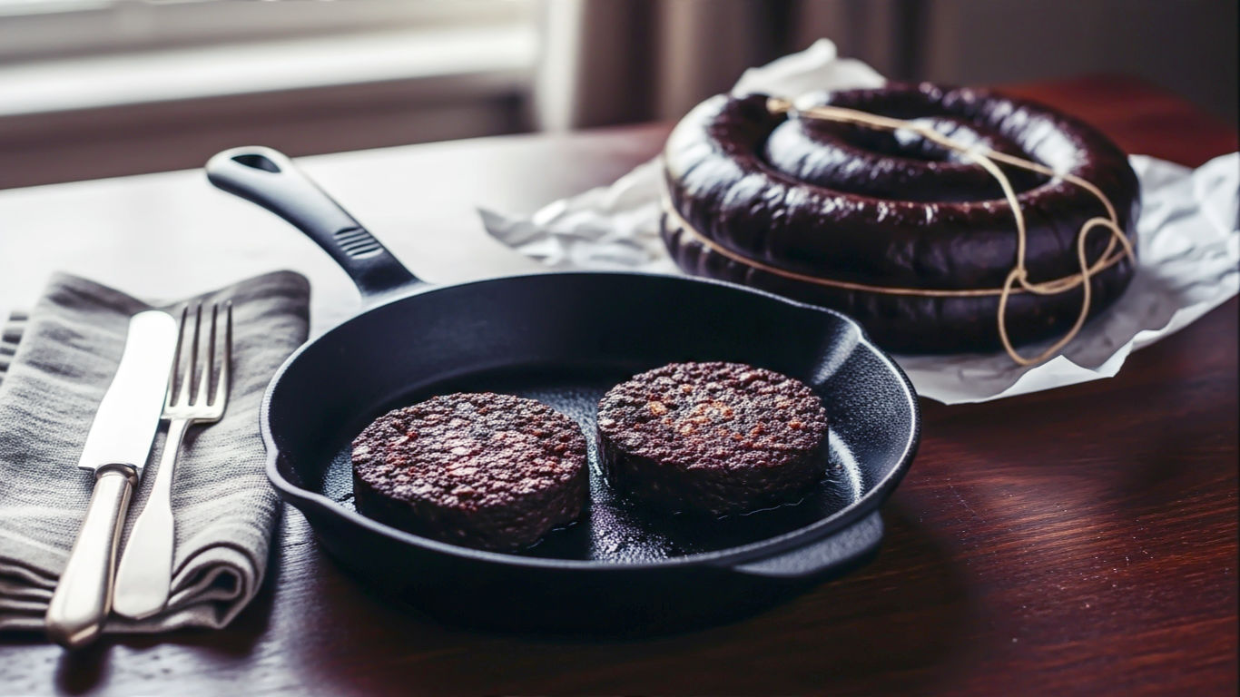 A hyper-realistic, professional food photograph in the style of a rustic cookbook. The scene is a dark, wooden kitchen table, bathed in soft, natural morning light from a nearby window. In the centre is a cast-iron frying pan, in which two thick, perfectly circular slices of Bury black pudding are sizzling, their edges beautifully crisp and caramelized. Next to the pan, a complete coil of fresh black pudding rests on a piece of greaseproof paper, tied with traditional butcher’s string. A vintage fork and knife lie on a crumpled linen napkin. The background is softly blurred, hinting at a traditional British kitchen. The mood is warm, comforting, and appetizing, evoking heritage and authentic British culinary tradition.