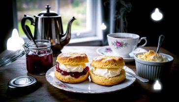 Professional food photography, hyper-realistic, capturing a classic British cream tea. A warm, freshly-baked scone is split in half on a delicate floral china plate. One half is lavishly topped the Cornish way (jam first, then a large dollop of clotted cream), the other half the Devon way (cream first, then jam). A small glass jar of glistening strawberry jam and a white ceramic bowl of golden-crusted clotted cream sit nearby. In the background, a vintage silver teapot and a fine bone china teacup with steaming black tea. The setting is a rustic wooden table next to a window with soft, natural light, overlooking a gentle, out-of-focus English country garden. The mood is warm, comforting, and quintessentially British. Shot on a DSLR with a prime lens, shallow depth of field.