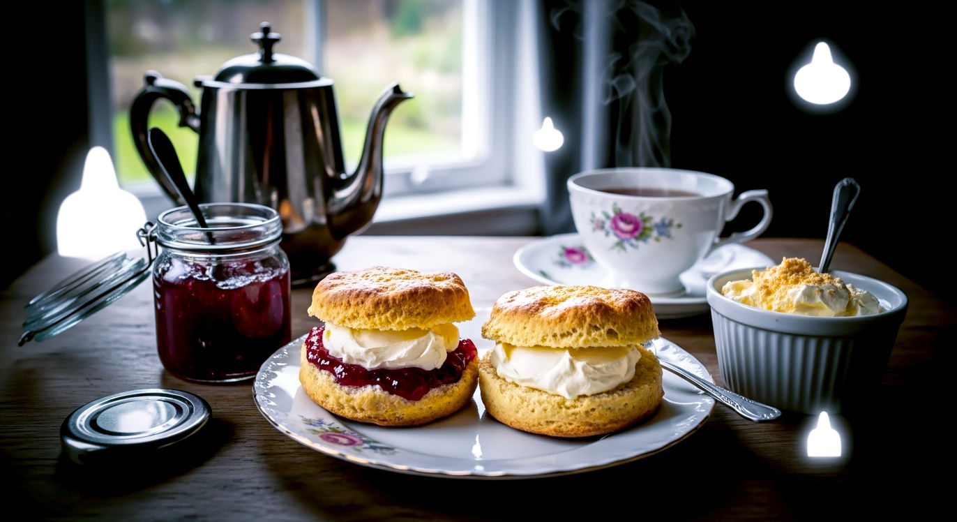 Professional food photography, hyper-realistic, capturing a classic British cream tea. A warm, freshly-baked scone is split in half on a delicate floral china plate. One half is lavishly topped the Cornish way (jam first, then a large dollop of clotted cream), the other half the Devon way (cream first, then jam). A small glass jar of glistening strawberry jam and a white ceramic bowl of golden-crusted clotted cream sit nearby. In the background, a vintage silver teapot and a fine bone china teacup with steaming black tea. The setting is a rustic wooden table next to a window with soft, natural light, overlooking a gentle, out-of-focus English country garden. The mood is warm, comforting, and quintessentially British. Shot on a DSLR with a prime lens, shallow depth of field.
