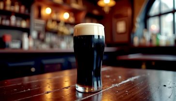 A hyper-realistic, professional photograph capturing the essence of an authentic Irish pub. A perfectly poured pint of stout with a creamy, domed head sits on a dark, polished wooden bar. In the soft-focus background, the warm, ambient glow of the pub interior is visible, with hints of brass taps and dark wood panelling. The lighting is warm and atmospheric, evoking a sense of heritage, comfort, and tradition. The style should be reminiscent of a high-end travel magazine feature.