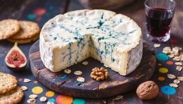 A hyper-realistic, professional photograph in the style of a rustic food magazine. The focus is on a large, handsome wheel of Blue Stilton cheese, cut to reveal its intricate blue-green veins and creamy, crumbly texture. It sits on a dark, weathered wooden cheeseboard. Around it are scattered oatcakes, ripe figs, walnuts, and a single glass of rich, dark port. The lighting is soft and warm, evoking a cosy, traditional British setting. The mood is one of timeless quality and indulgent heritage.