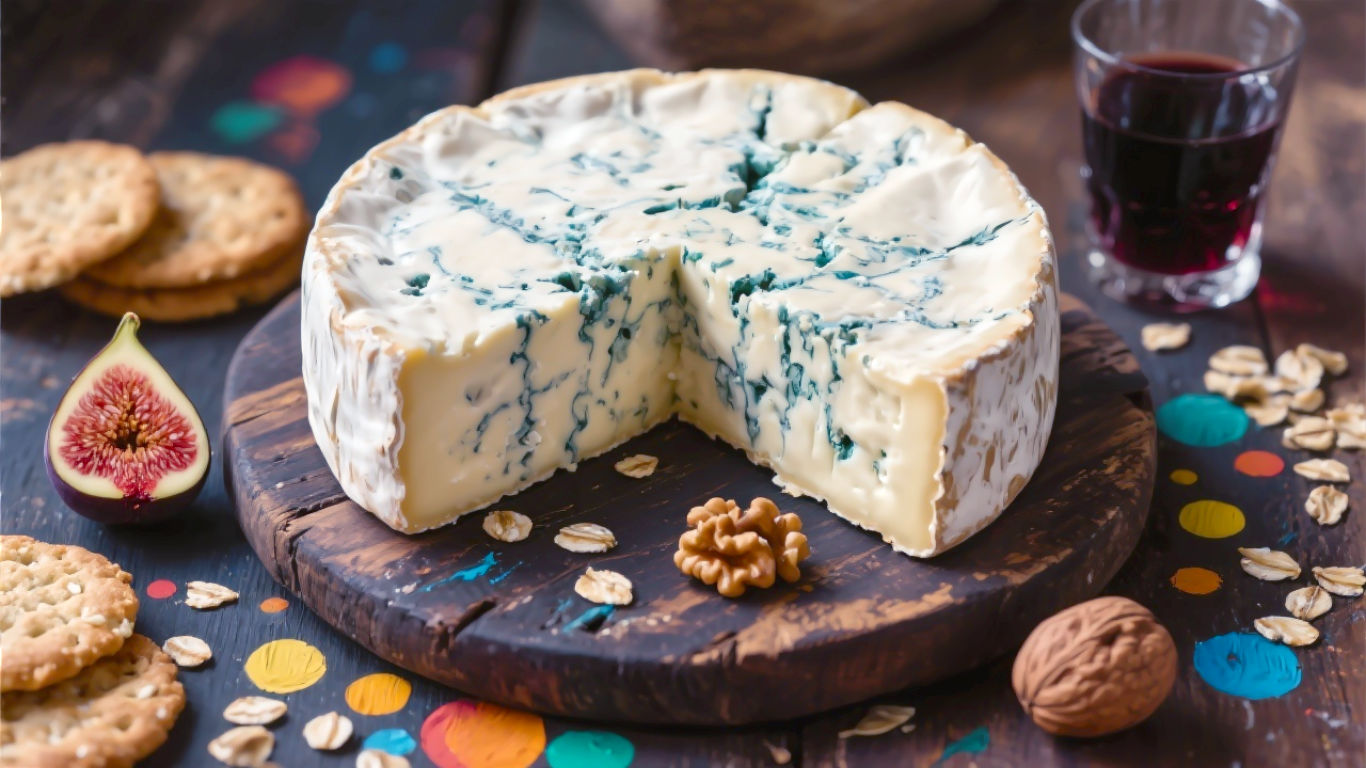 A hyper-realistic, professional photograph in the style of a rustic food magazine. The focus is on a large, handsome wheel of Blue Stilton cheese, cut to reveal its intricate blue-green veins and creamy, crumbly texture. It sits on a dark, weathered wooden cheeseboard. Around it are scattered oatcakes, ripe figs, walnuts, and a single glass of rich, dark port. The lighting is soft and warm, evoking a cosy, traditional British setting. The mood is one of timeless quality and indulgent heritage.
