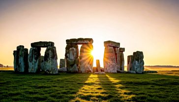 A hyper-realistic, professional photograph in the style of a National Geographic feature. The image captures Stonehenge at dawn on the summer solstice. The sun is just breaking the horizon, casting long, dramatic shadows from the colossal sarsen stones. The sky is a deep, atmospheric mix of orange, purple, and blue. A light mist clings to the ground on Salisbury Plain, enhancing the ancient, mystical mood. The composition is wide, showcasing the full circle and its iconic silhouette against the epic sky, evoking a sense of timeless British heritage and profound mystery.