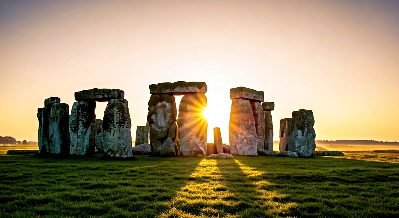 A hyper-realistic, professional photograph in the style of a National Geographic feature. The image captures Stonehenge at dawn on the summer solstice. The sun is just breaking the horizon, casting long, dramatic shadows from the colossal sarsen stones. The sky is a deep, atmospheric mix of orange, purple, and blue. A light mist clings to the ground on Salisbury Plain, enhancing the ancient, mystical mood. The composition is wide, showcasing the full circle and its iconic silhouette against the epic sky, evoking a sense of timeless British heritage and profound mystery.