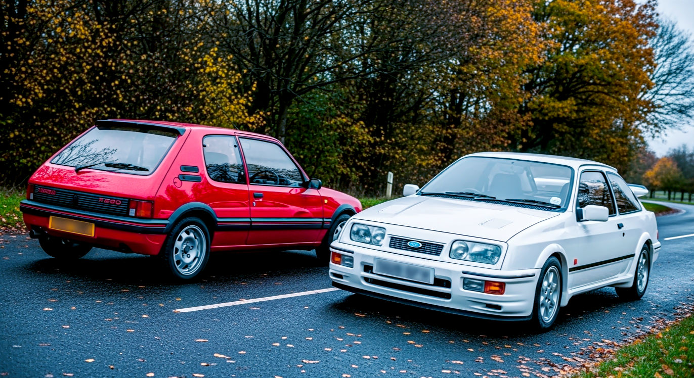 A hyper-realistic photograph in the style of a classic 1980s car magazine cover. The scene features a guards red Peugeot 205 GTI 1.9 and a diamond white Ford Sierra RS Cosworth parked side-by-side on a damp, leafy British B-road in autumn. The lighting is soft and slightly diffused, typical of an overcast UK day, making the car colours pop. The composition is a dynamic three-quarter view, with the Sierra slightly in the foreground. The mood is nostalgic, evocative of 80s performance and raw driving pleasure.