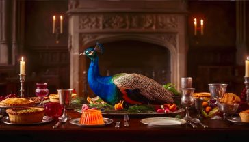 A hyper-realistic, professional photograph in the style of a lavish BBC historical drama. The scene is a long, candlelit oak banquet table in a Tudor great hall with a stone fireplace. The focus is on a magnificent, glistening roasted peacock, re-dressed in its feathers, as the central dish. Surrounding it are ornate meat pies, bowls of brightly coloured jellies, and silver goblets. The lighting is warm and dramatic, like Caravaggio's chiaroscuro, with deep shadows and glowing highlights from the candlelight, creating a mood of opulent, historical grandeur.