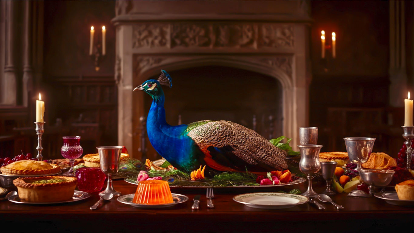 A hyper-realistic, professional photograph in the style of a lavish BBC historical drama. The scene is a long, candlelit oak banquet table in a Tudor great hall with a stone fireplace. The focus is on a magnificent, glistening roasted peacock, re-dressed in its feathers, as the central dish. Surrounding it are ornate meat pies, bowls of brightly coloured jellies, and silver goblets. The lighting is warm and dramatic, like Caravaggio's chiaroscuro, with deep shadows and glowing highlights from the candlelight, creating a mood of opulent, historical grandeur.