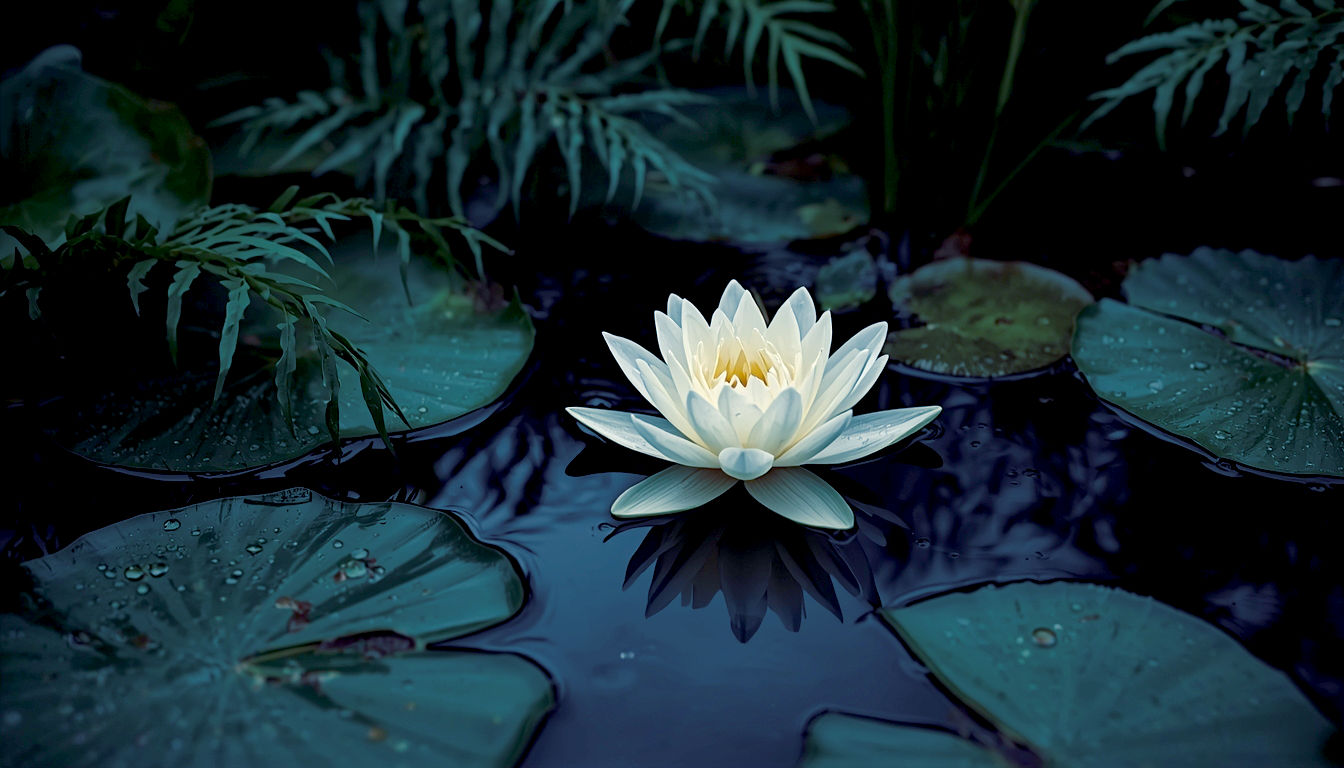 A hyper-realistic, professional photograph in the style of a BBC Gardeners' World magazine feature. The image captures a classic British garden pond in mid-July under soft, overcast daylight that brings out rich, natural colours. In the foreground, a perfectly bloomed, creamy-white 'Gonnère' water lily floats on the still, dark water, its petals detailed with droplets of dew. Surrounding it are several deep green lily pads. The composition is a tight, top-down shot, creating a peaceful and intimate mood. The background is slightly out of focus, hinting at lush pond-side planting like ferns and hostas, evoking a sense of tranquil, quintessential British nature.