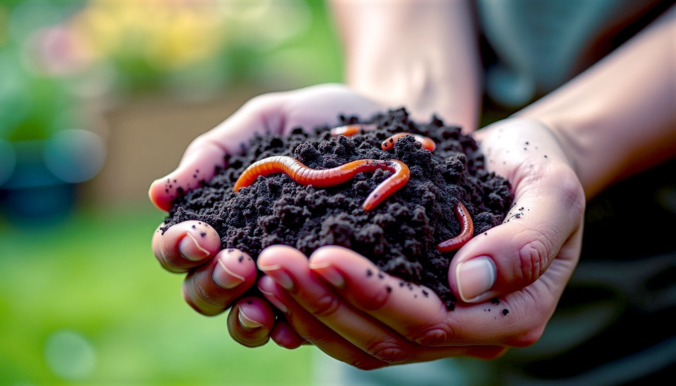 A hyper-realistic, professional photograph in the style of a Gardeners' World feature. The image shows a close-up of hands, with slightly soil-stained fingers, holding a handful of rich, dark, crumbly vermicompost. A few reddish-brown tiger worms are visible within the compost. The background is a soft-focus shot of a lush, green British garden with vibrant plants and a wooden wormery just out of focus. The lighting is soft and natural, evoking a sense of healthy, organic gardening and sustainability.
