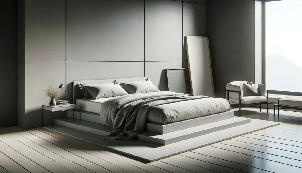 The Latest Bed Trends (Minimalist Beds): This image portrays a minimalist bedroom highlighting the 2024 trend of sleek, modern beds with simple designs and a monochromatic colour scheme, emphasising comfort and simplicity.