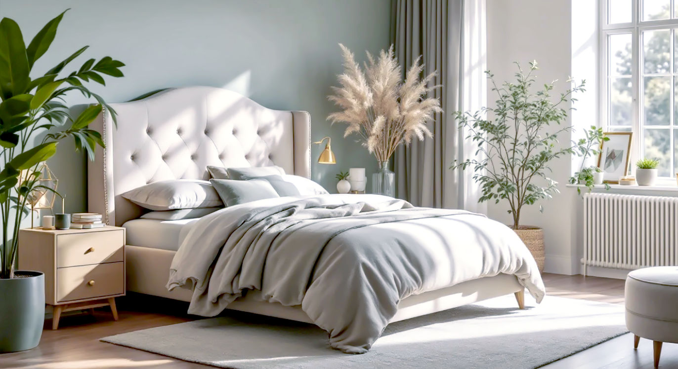 A hyper-realistic, professional photograph in the style of Livingetc magazine. The shot is a beautifully styled master bedroom in a modern British home. The centrepiece is a luxurious, king-size upholstered bed in a warm, textured bouclé fabric. The room is bathed in soft, natural morning light from a large window. The colour palette is calm and earthy—oatmeal, sage green, and soft greys. The composition is a slightly off-centre three-quarter view of the bed, creating depth and inviting the viewer in. The mood is tranquil, sophisticated, and aspirational.