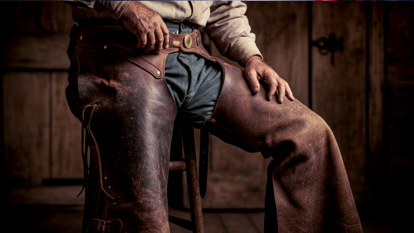 A hyper-realistic, professional photograph in the style of a classic portrait. The subject is a weathered, authentic-looking cowboy from the late 19th century, shown from the waist down, focusing on his legs. He is wearing a pair of well-worn, dark brown leather "batwing" chaps over dusty denim trousers and tall leather boots. The chaps show signs of real use—scuffs, creases, and a rich patina. One hand rests casually on his thigh. The composition is tight and detailed, highlighting the texture of the leather, the brass buckles, and the stitching. The lighting is soft and directional, like late afternoon sun coming through a barn door, creating gentle shadows that emphasize the contours and craftsmanship of the chaps. The background is softly out of focus, suggesting the rustic interior of a wooden barn. The overall mood is one of quiet authenticity, heritage, and rugged practicality.