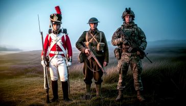 A hyper-realistic photograph showing a line of three soldiers, representing the evolution of the British Army. Left: a soldier in a Napoleonic-era red coat. Centre: a soldier in WWII-era khaki battledress and a Brodie helmet. Right: a modern soldier in full MTP camouflage and tactical gear. They stand on a misty, timeless British moor under soft, dramatic lighting. The style should be that of a high-end historical documentary poster, evoking a sense of heritage and progress.